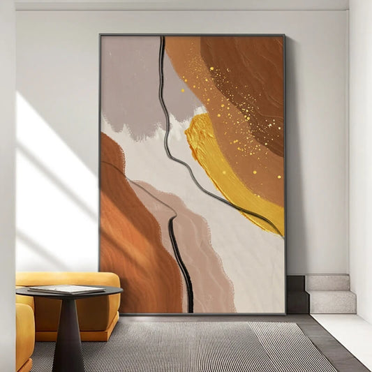 Modern Abstract Beige Brown Orange Color Block Wall Art Canvas Prints Abstract Golden Pictures For Contemporary Living Room Bedroom Art Décor