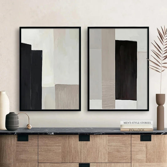 Modern Abstract Black Beige Blocks Canvas Prints Wall Art Nordic Geometric Posters For Contemporary Living Room Office Home Interior Décor