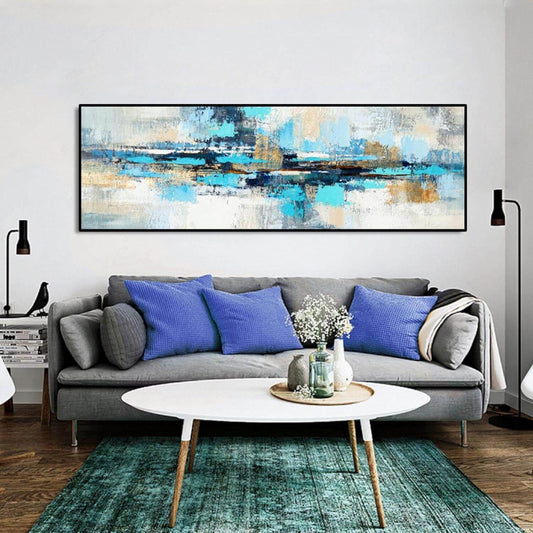 Modern Abstract Blue Golden Grey Canvas Print | Big Nordic Poster Aesthetic Fine Art Wide Format Large Wall Art For Luxury Living Room Bedroom Home Décor