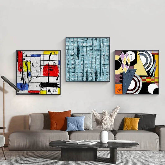 Modern Abstract Blue Red Yellow Canvas Prints Geometric Square Wall Art For Contemporary Living Room Office Wall Décor