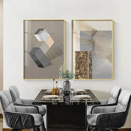 Modern Abstract Grey Golden Canvas Prints Fine Art Nordic Wall Art Architectural 3D Effect Poster Pictures For Modern Living Room Office Décor