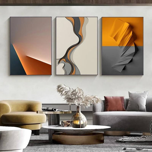 Modern Abstract Orange Grey Fine Art Canvas Prints Geometric Line 3D Effect Architectural Pictures For Urban Loft Living Room Dining Room Office Décor