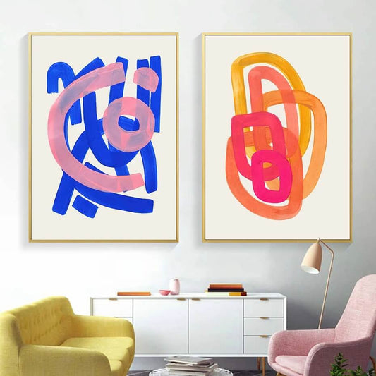 Modern Abstract Watercolor Brush Strokes Orange Blue Canvas Prints Wall Art Minimalist Doodle Pictures For Living Room Office Home Décor