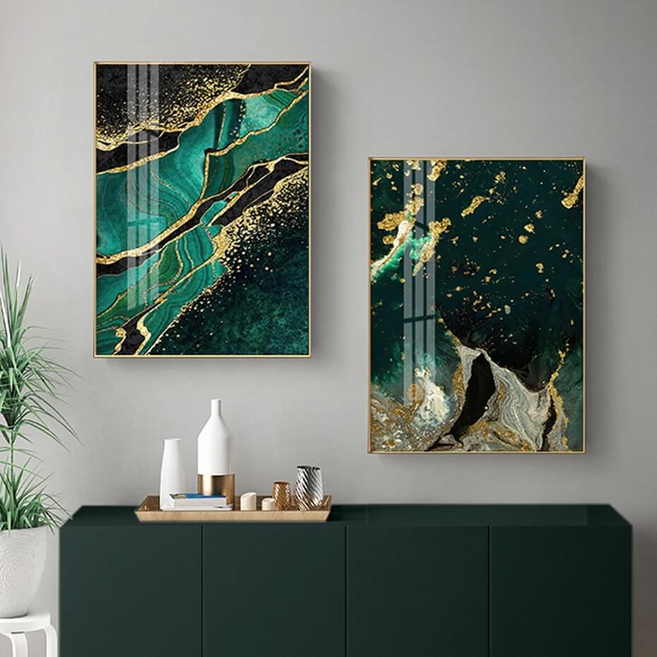 Modern Golden Green Marble Canvas Prints Abstract Emerald Wall Art Luxury Pictures For Contemporary Living Room Office Home Décor