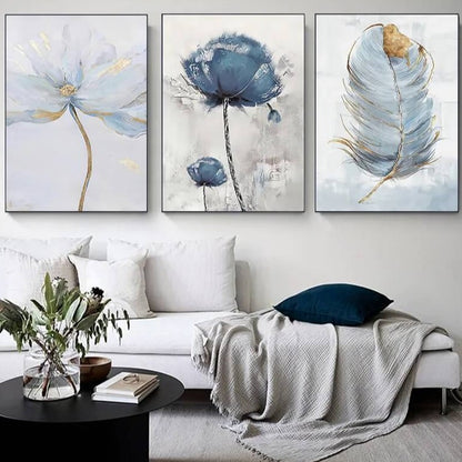 Modern Minimalist Scandinavian Flower Wall Art Pastel Blue Fine Art Canvas Prints Floral Pictures For Living Room Dining Room Bedroom Nordic Art Décor