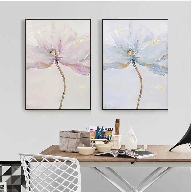 Modern Minimalist Scandinavian Flower Wall Art Pastel Blue Fine Art Canvas Prints Floral Pictures For Living Room Dining Room Bedroom Nordic Art Décor