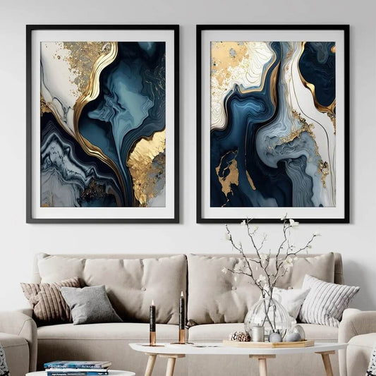 Modern Navy Blue White Golden Marble Wall Art Canvas Prints Flowing Abstract Pictures For Luxury Living Room Bedroom Home Décor