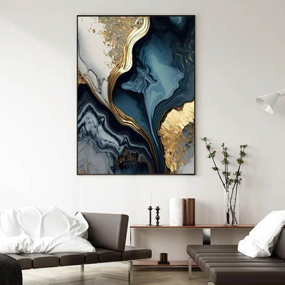 Modern Navy Blue White Golden Marble Wall Art Canvas Prints Flowing Abstract Pictures For Luxury Living Room Bedroom Home Décor