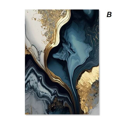 Modern Navy Blue White Golden Marble Wall Art Canvas Prints Flowing Abstract Pictures For Luxury Living Room Bedroom Home Décor