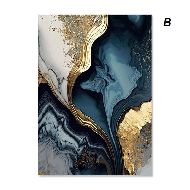 Modern Navy Blue White Golden Marble Wall Art Canvas Prints Flowing Abstract Pictures For Luxury Living Room Bedroom Home Décor