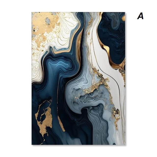 Modern Navy Blue White Golden Marble Wall Art Canvas Prints Flowing Abstract Pictures For Luxury Living Room Bedroom Home Décor