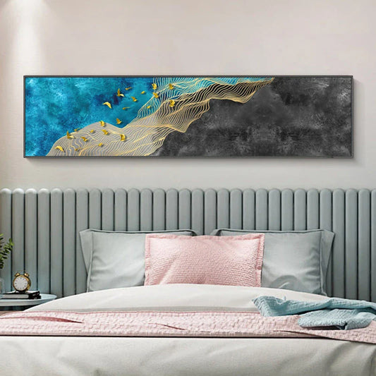 Abstract Golden Birds Blue Sky Wide Format Wall Art Canvas Prints For Above The Bed Art