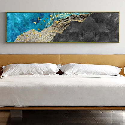 Abstract Golden Birds Blue Sky Wide Format Wall Art Canvas Prints For Above The Bed Art