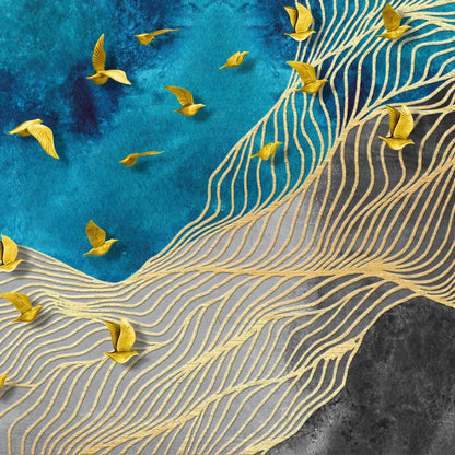 Abstract Golden Birds Blue Sky Wide Format Wall Art Canvas Prints For Above The Bed Art