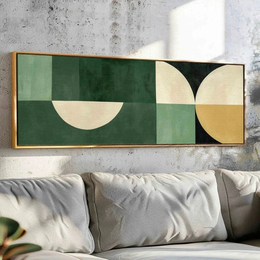 Retro Geometric Green Bauhaus Large Wall Art Canvas Print Wide Format Poster For Living Room Above The Sofa