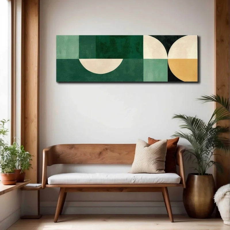 Retro Geometric Green Bauhaus Large Wall Art Canvas Print Wide Format Poster For Living Room Above The Sofa