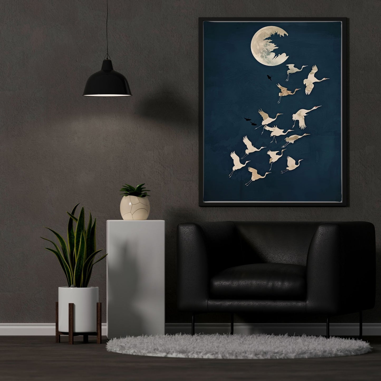 Moon Birds Night Sky Framed Wall Art Canvas Print - Minimalist Surreal Nature Artwork