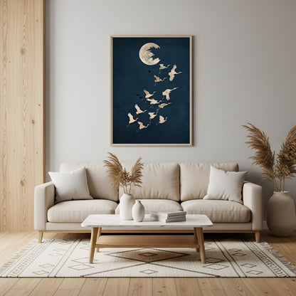 Moon Birds Night Sky Framed Wall Art Canvas Print - Minimalist Surreal Nature Artwork