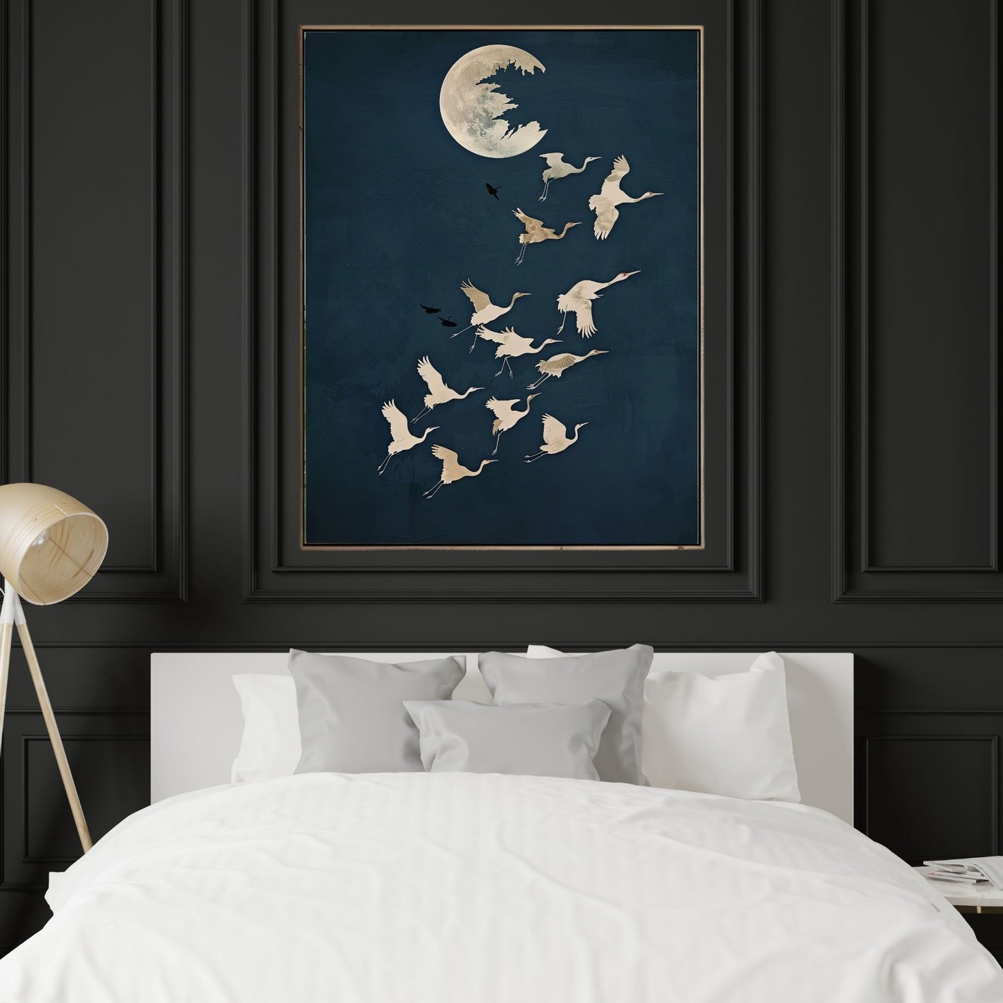 Moon Birds Night Sky Framed Wall Art Canvas Print - Minimalist Surreal Nature Artwork