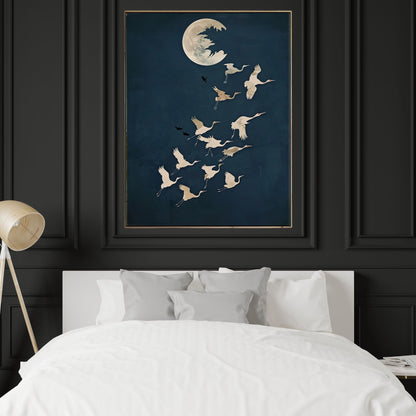 Moon Birds Night Sky Framed Wall Art Canvas Print - Minimalist Surreal Nature Artwork