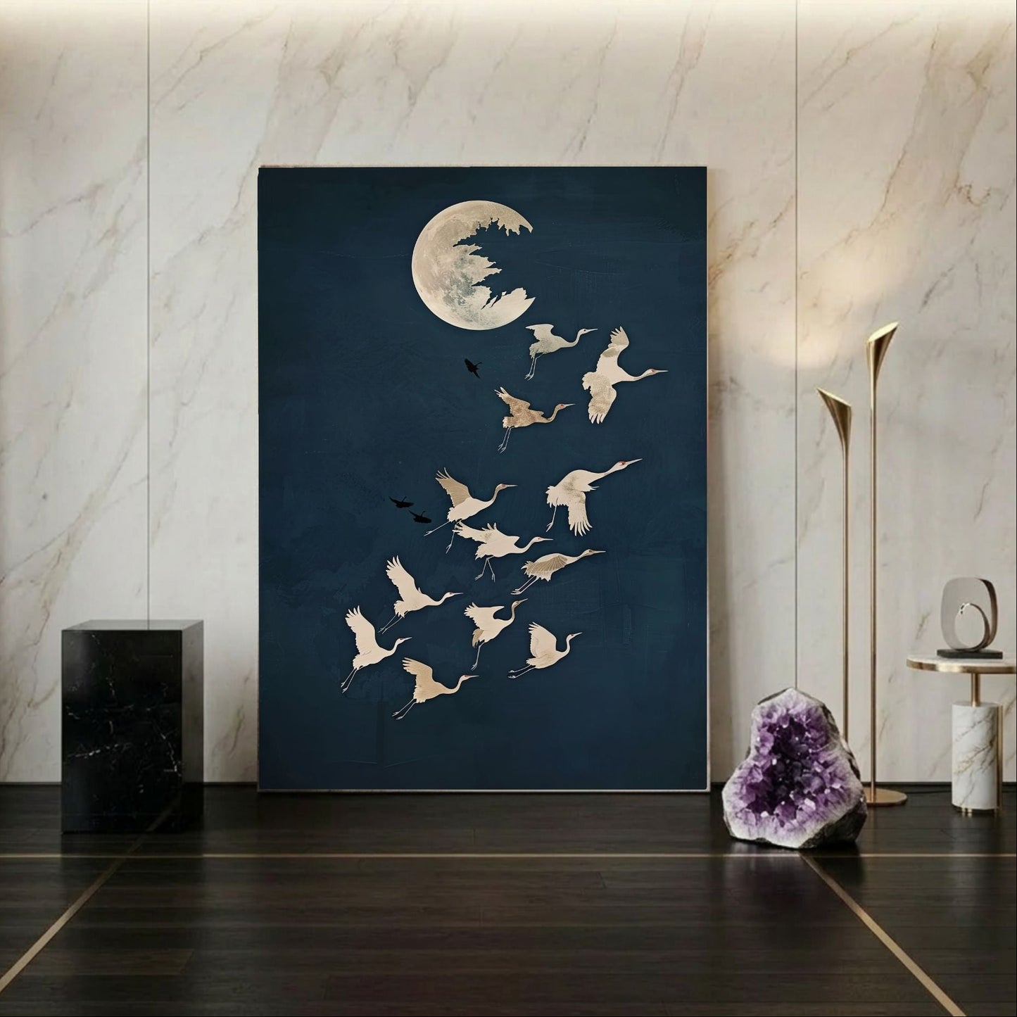 Moon Birds Night Sky Framed Wall Art Canvas Print - Minimalist Surreal Nature Artwork