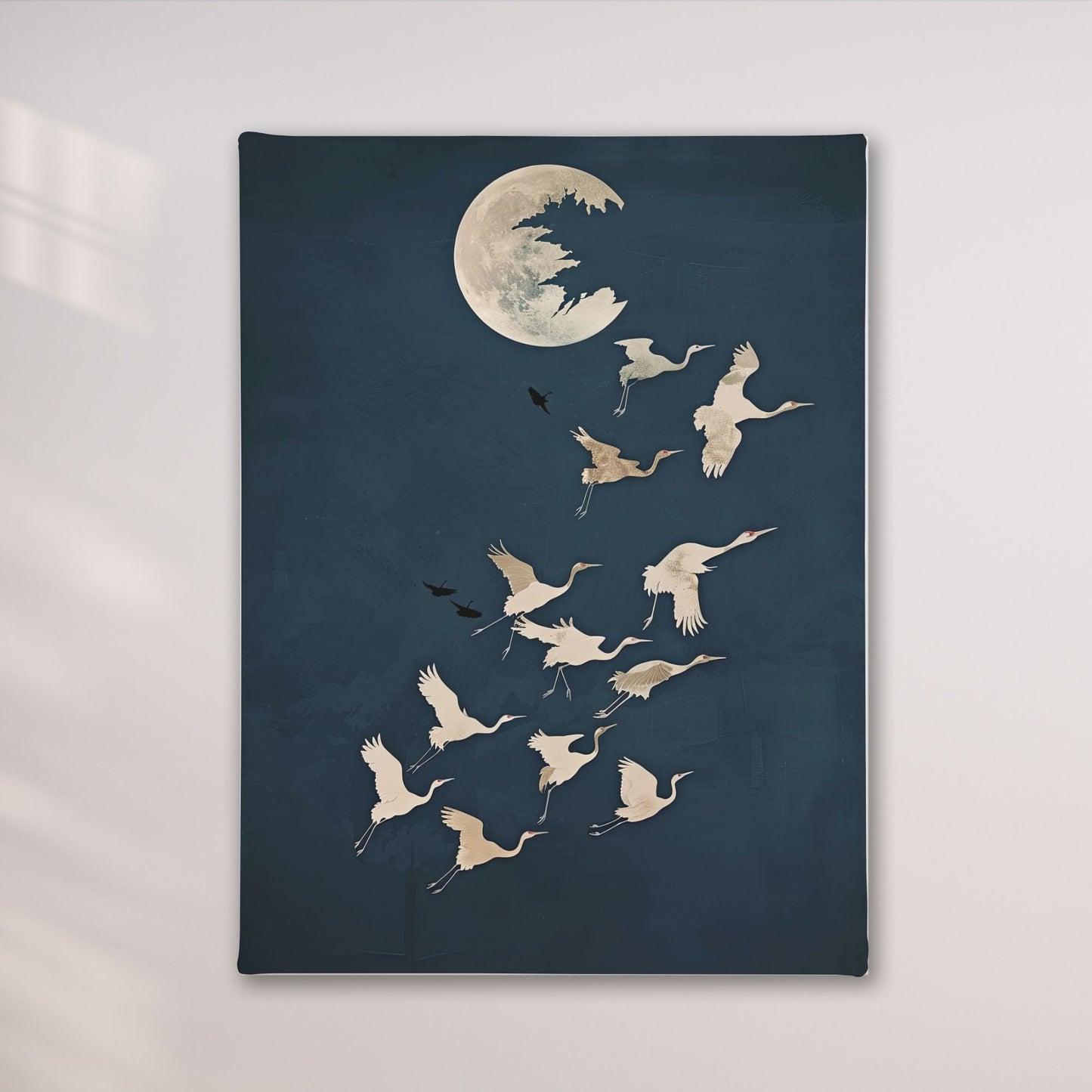 Moon Birds Night Sky Framed Wall Art Canvas Print - Minimalist Surreal Nature Artwork