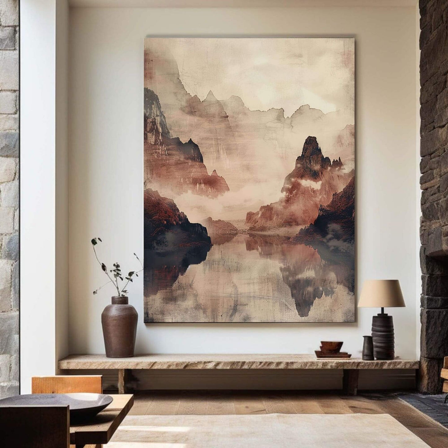 Mountain Reflection Landscape Japandi Wall Art Canvas - Framed Nature Wall Art