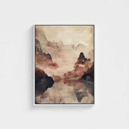 Mountain Reflection Landscape Japandi Wall Art Canvas - Framed Nature Wall Art