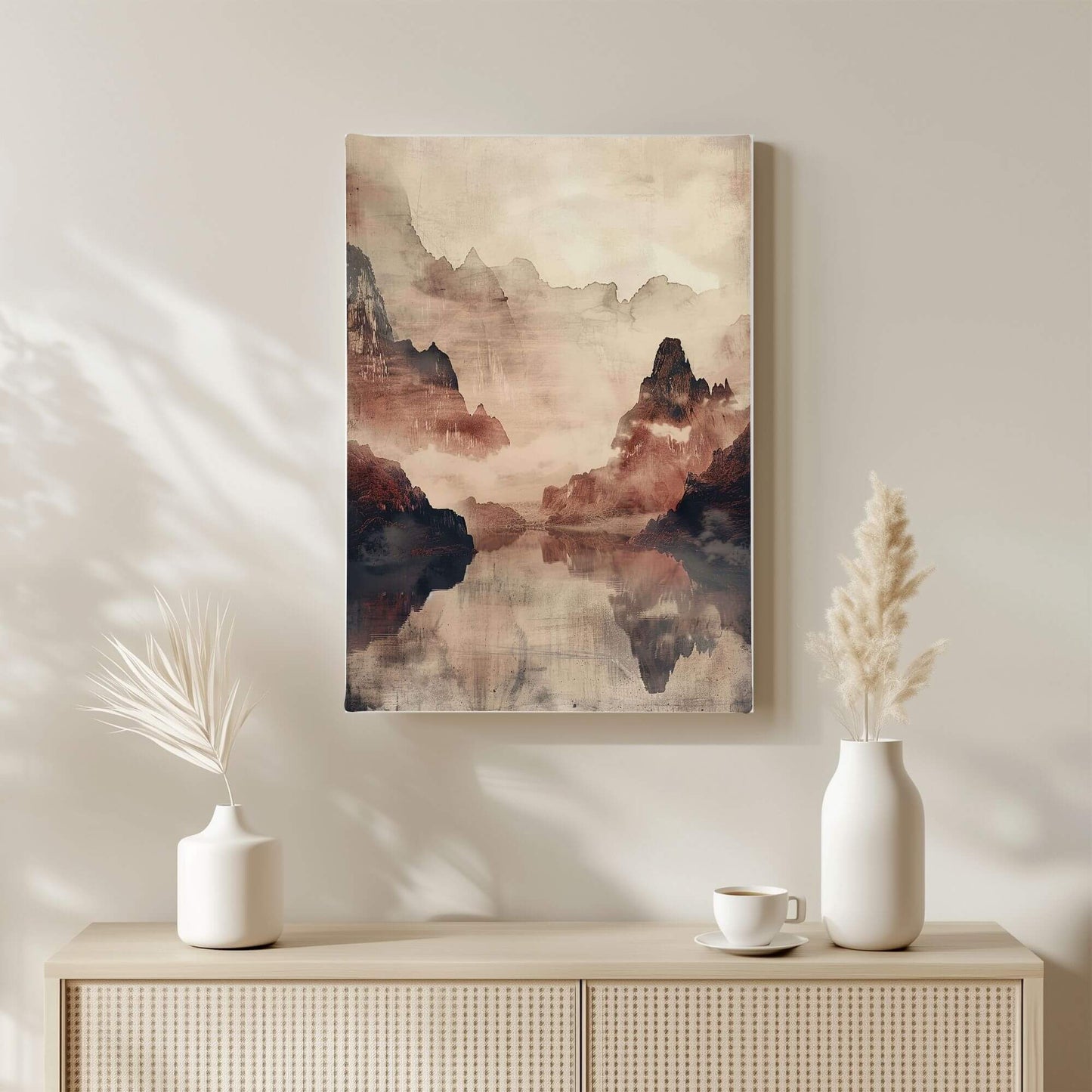 Mountain Reflection Landscape Japandi Wall Art Canvas - Framed Nature Wall Art