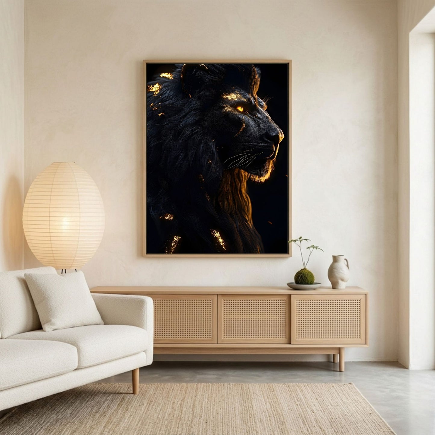 Black Golden Lion Framed Wall Art Canvas Print - Dark Fantasy Wild Animal Portrait Artwork for Modern Gothic Decor