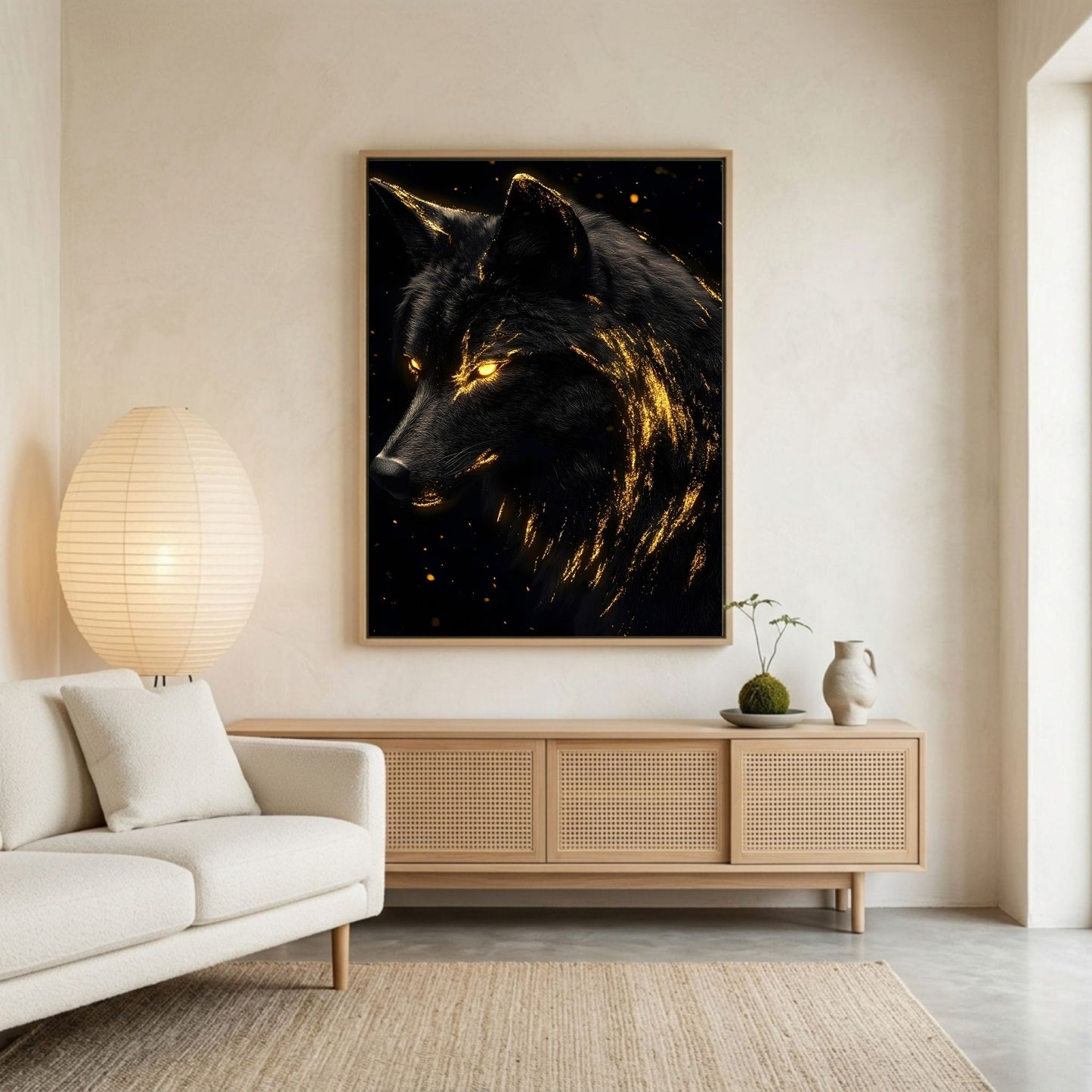 Mystical Black Golden Wolf Framed Wall Art Canvas Print - Dark Fantasy Wolf Portrait Artwork