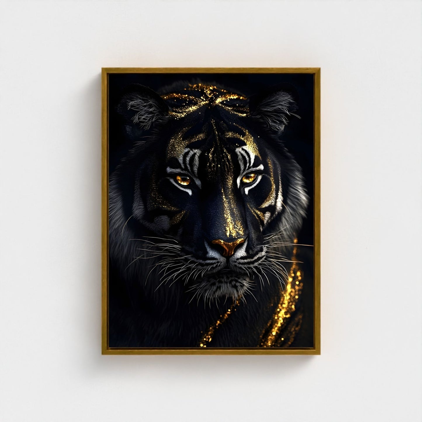 Mystical Black Golden Tiger Framed Wall Art Canvas Print - Dark Fantasy Animal Portrait Artwork