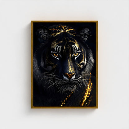 Mystical Black Golden Tiger Framed Wall Art Canvas Print - Dark Fantasy Animal Portrait Artwork