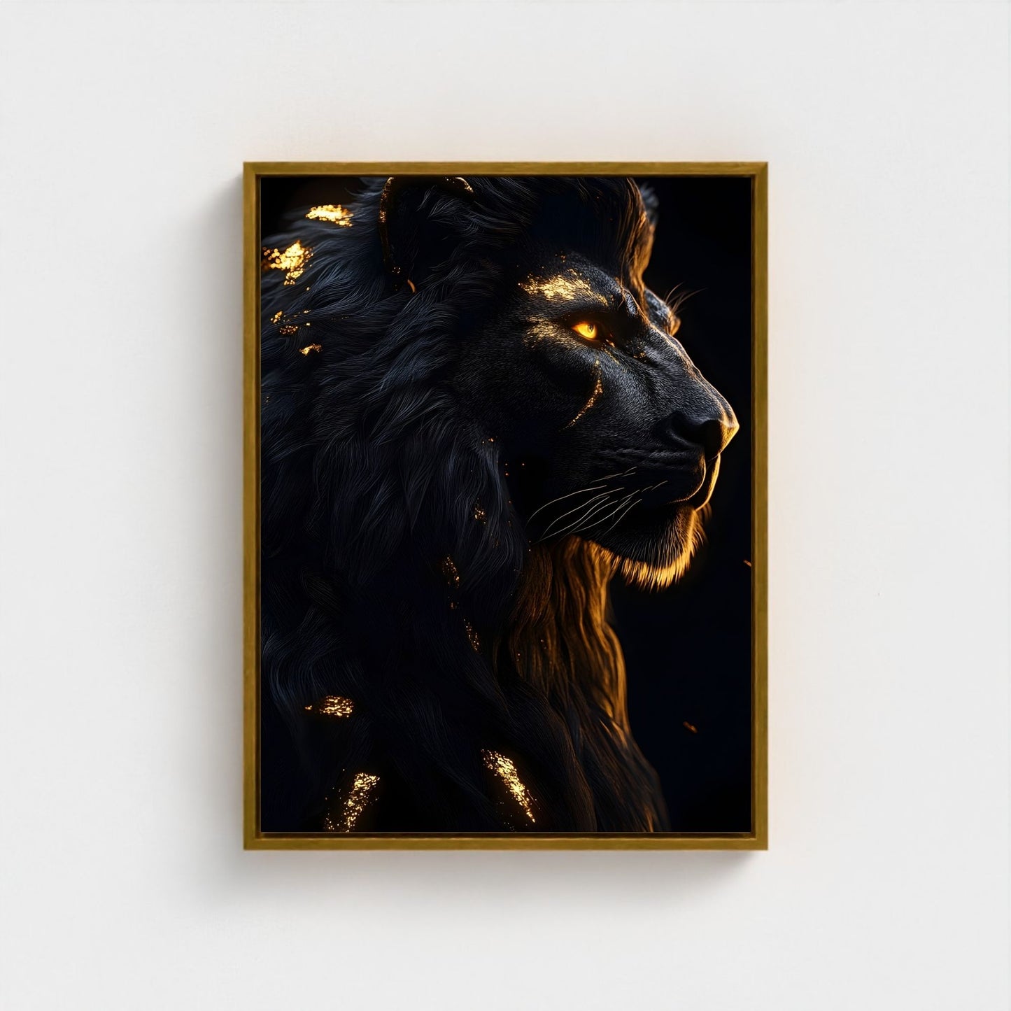 Black Golden Lion Framed Wall Art Canvas Print - Dark Fantasy Wild Animal Portrait Artwork for Modern Gothic Decor