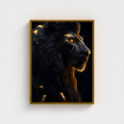 Black Golden Lion Framed Wall Art Canvas Print - Dark Fantasy Wild Animal Portrait Artwork for Modern Gothic Decor