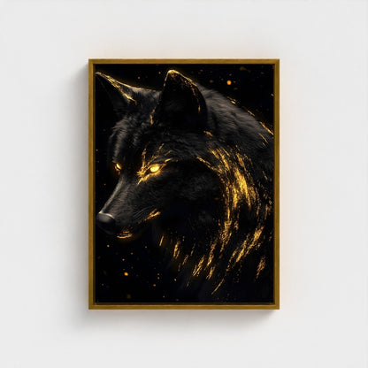 Mystical Black Golden Wolf Framed Wall Art Canvas Print - Dark Fantasy Wolf Portrait Artwork