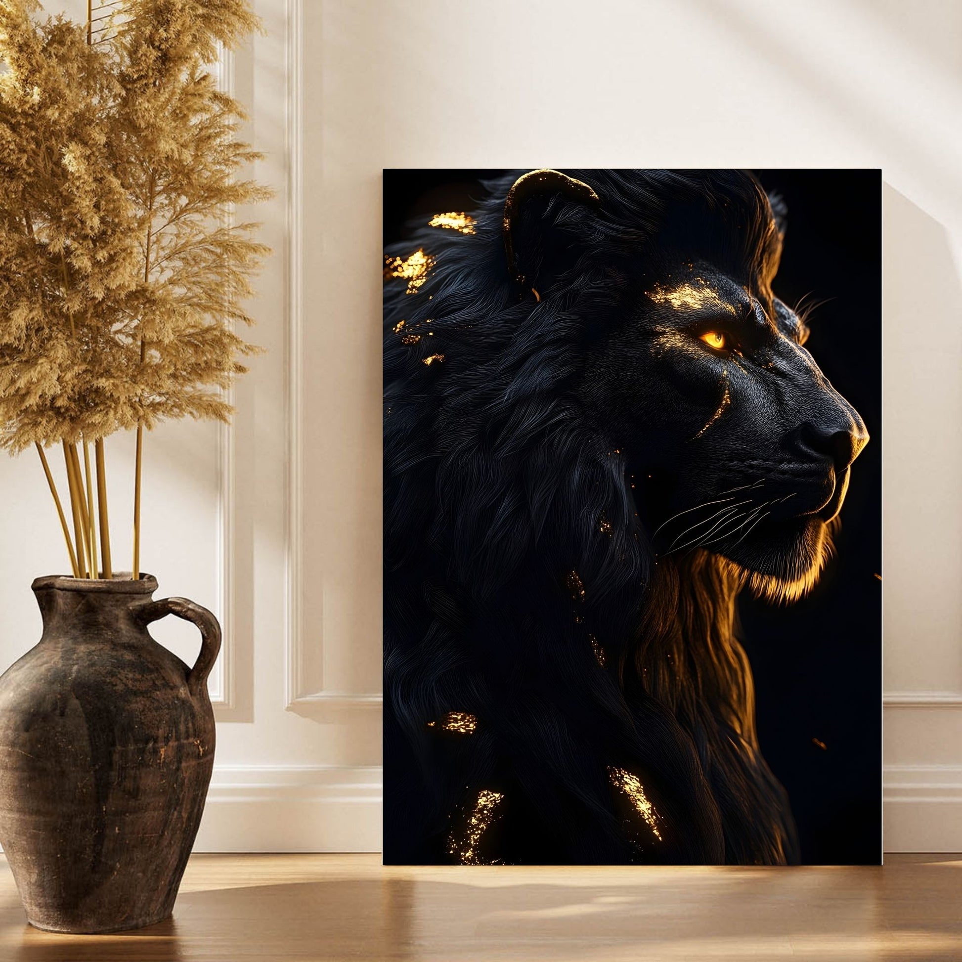 Framed artwork of a lion's head on a wall 