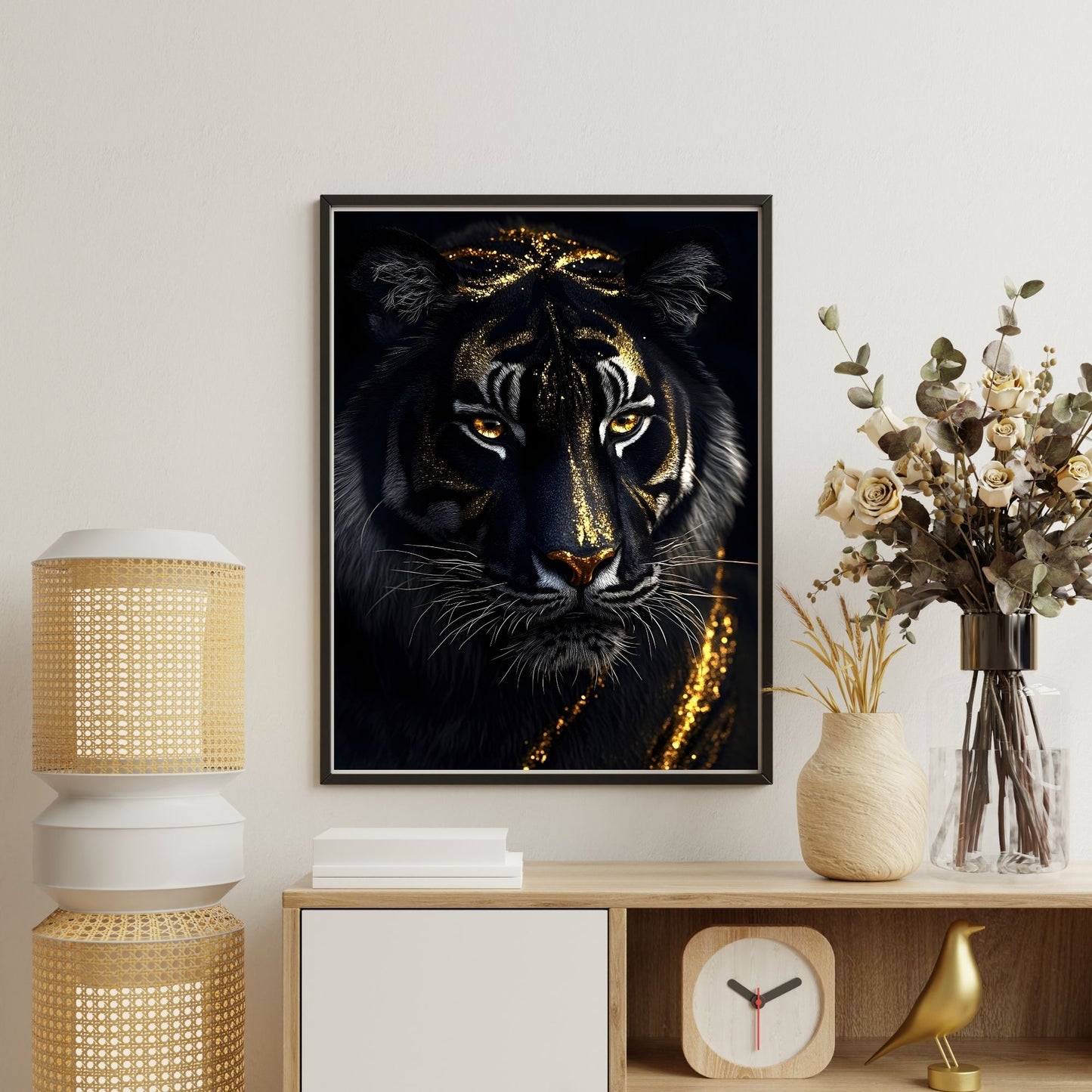 Mystical Black Golden Tiger Framed Wall Art Canvas Print - Dark Fantasy Animal Portrait Artwork