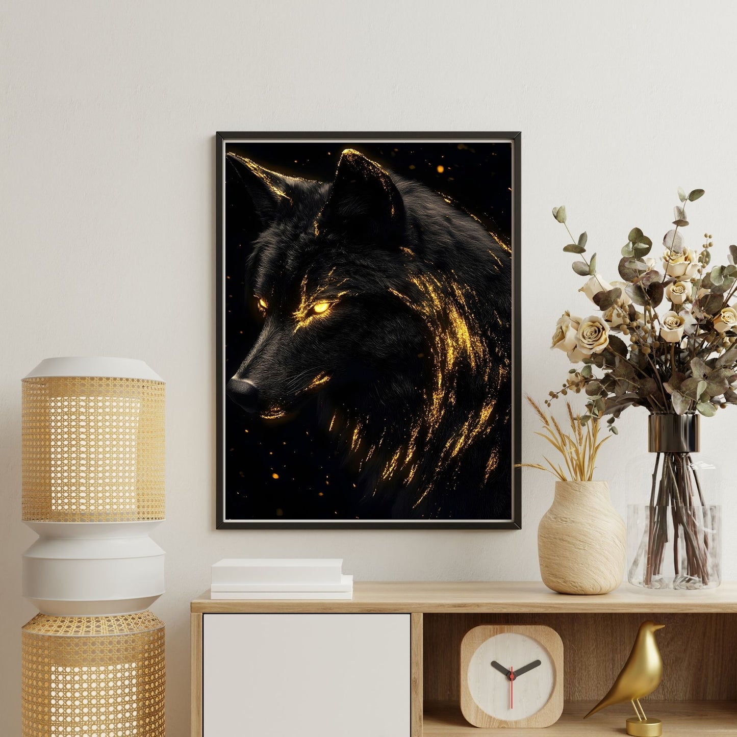 Mystical Black Golden Wolf Framed Wall Art Canvas Print - Dark Fantasy Wolf Portrait Artwork