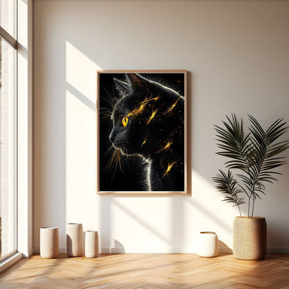 Mystical Black Golden Animal Framed Wall Art Canvas Print - Dark Fantasy Cat Portrait Artwork