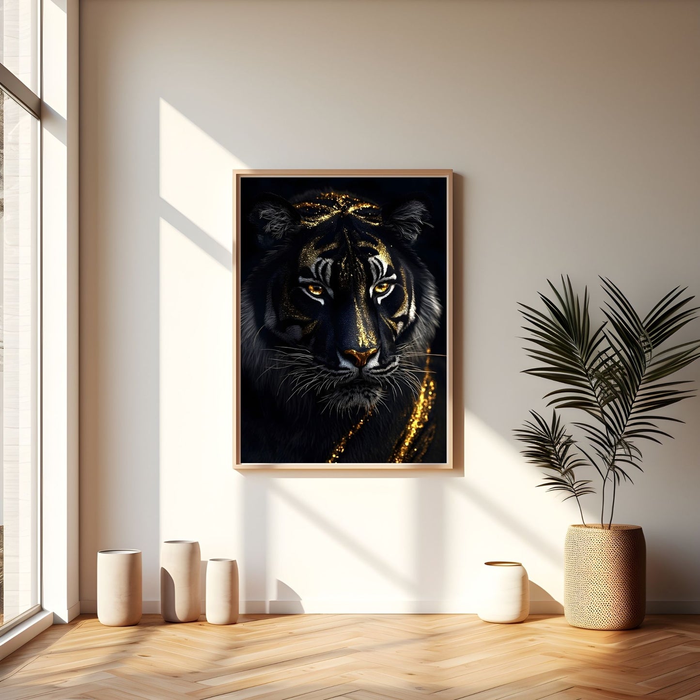 Mystical Black Golden Tiger Framed Wall Art Canvas Print - Dark Fantasy Animal Portrait Artwork
