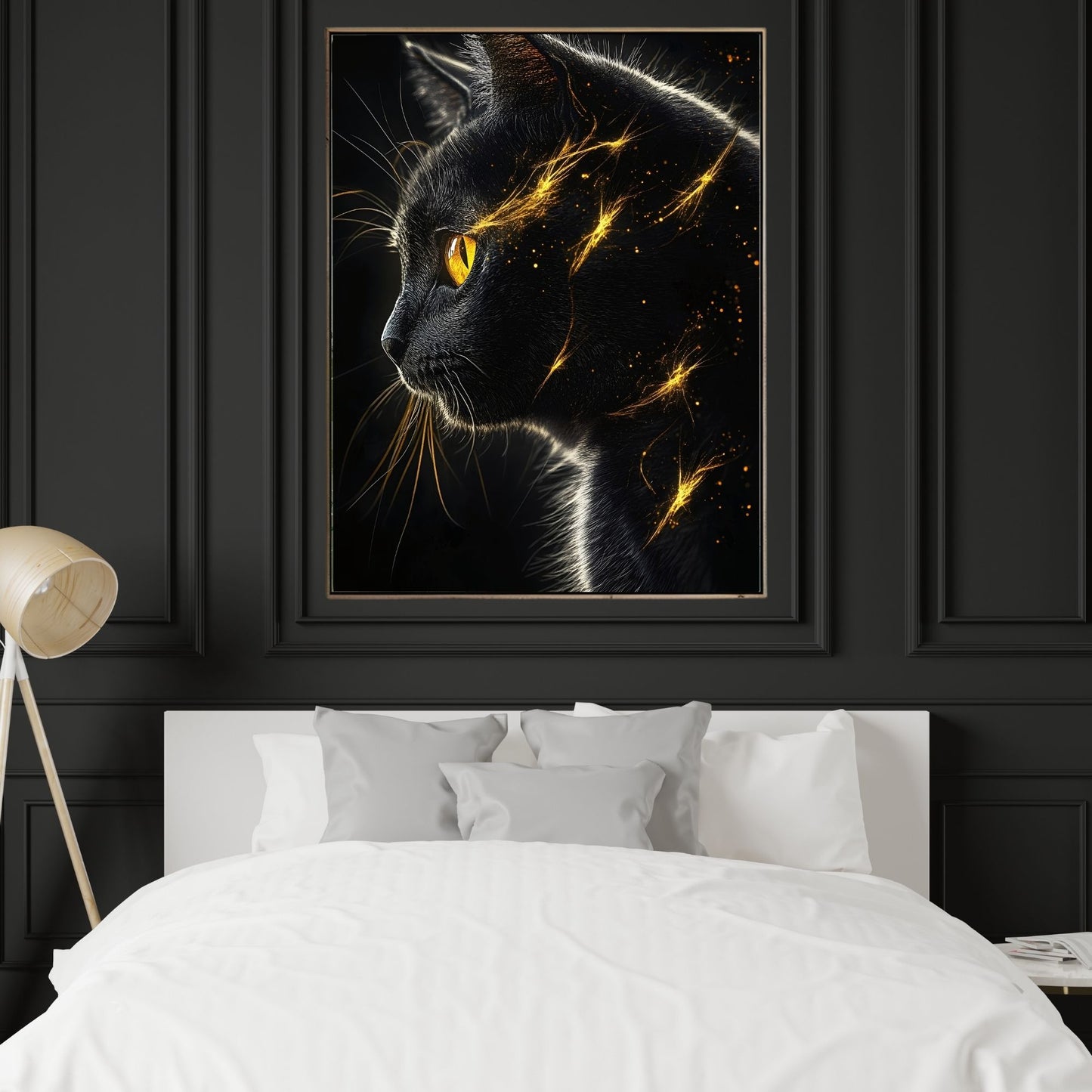 Mystical Black Golden Animal Framed Wall Art Canvas Print - Dark Fantasy Cat Portrait Artwork