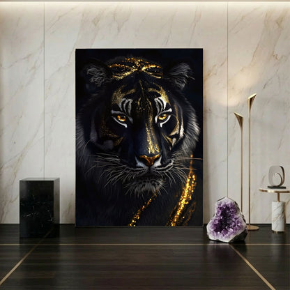 Mystical Black Golden Tiger Framed Wall Art Canvas Print - Dark Fantasy Animal Portrait Artwork