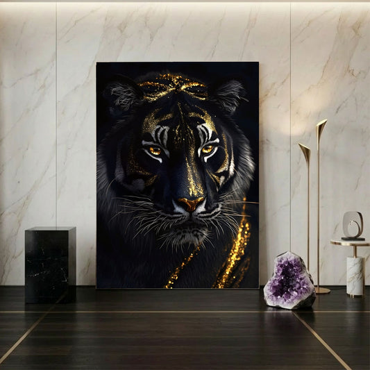 Mystical Black Golden Tiger Framed Wall Art Canvas Print - Dark Fantasy Animal Portrait Artwork