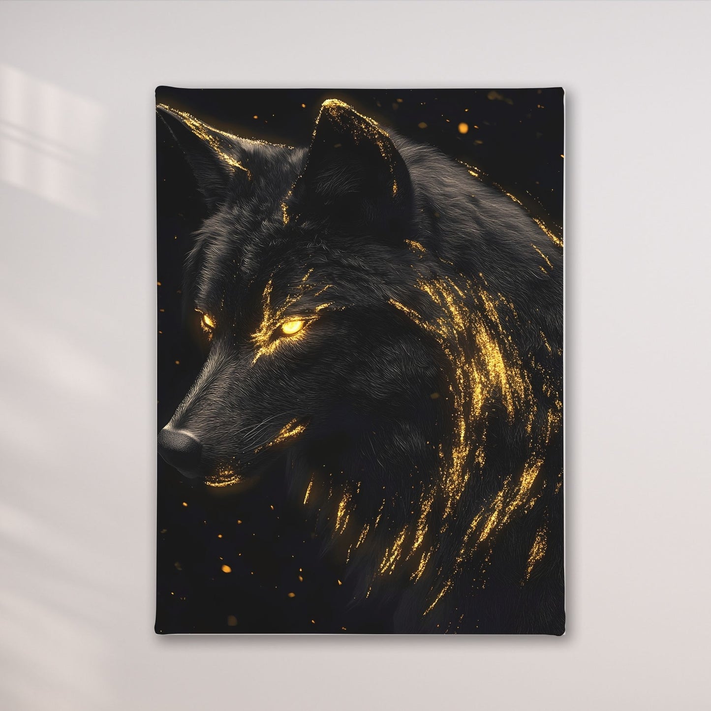 Mystical Black Golden Wolf Framed Wall Art Canvas Print - Dark Fantasy Wolf Portrait Artwork