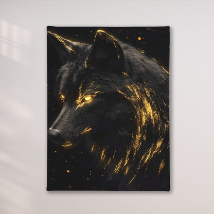 Mystical Black Golden Wolf Framed Wall Art Canvas Print - Dark Fantasy Wolf Portrait Artwork