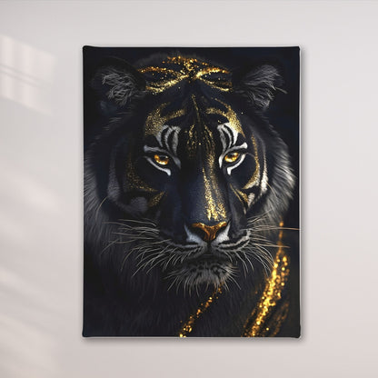 Mystical Black Golden Tiger Framed Wall Art Canvas Print - Dark Fantasy Animal Portrait Artwork
