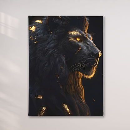 Black Golden Lion Framed Wall Art Canvas Print - Dark Fantasy Wild Animal Portrait Artwork for Modern Gothic Decor