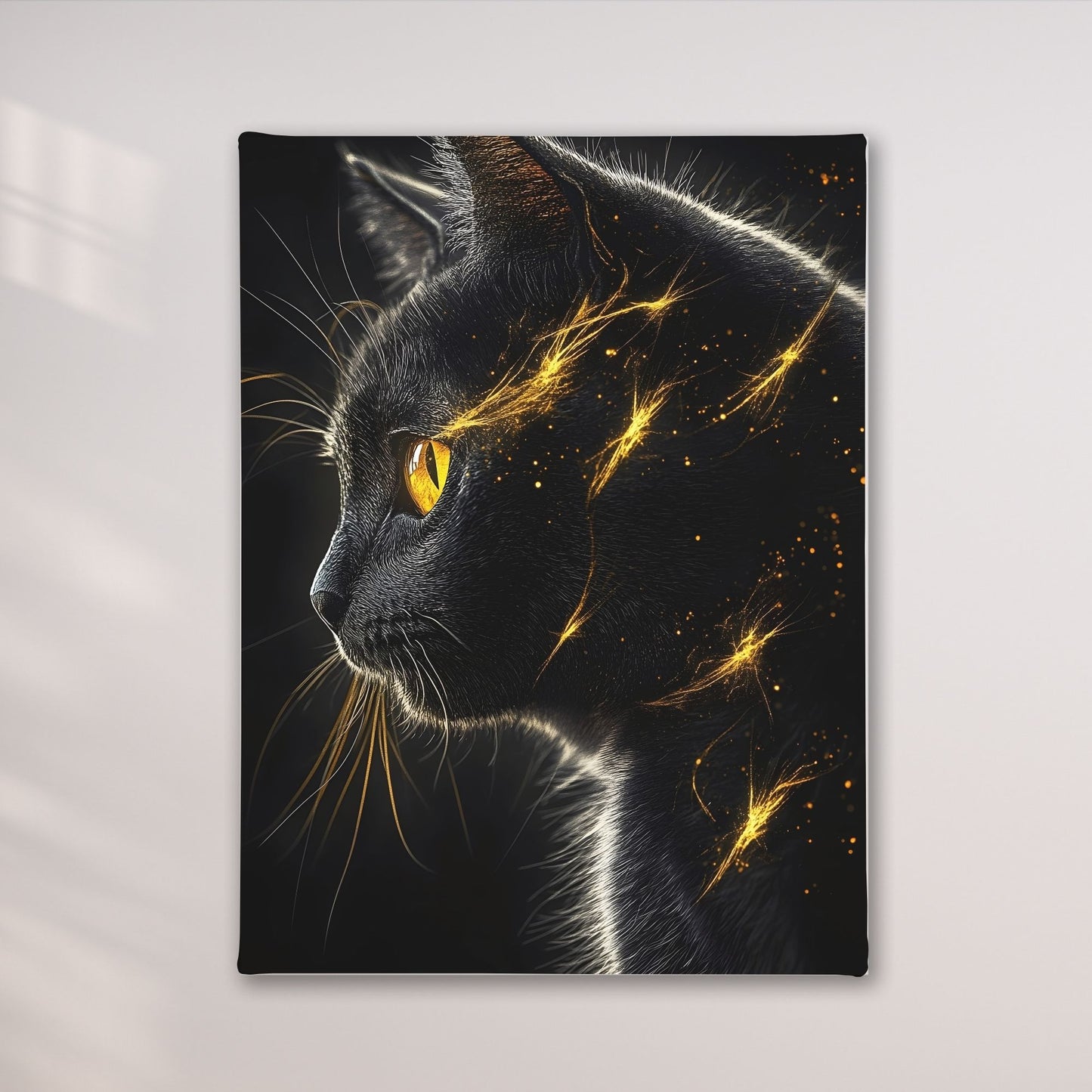 Mystical Black Golden Animal Framed Wall Art Canvas Print - Dark Fantasy Cat Portrait Artwork