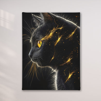 Mystical Black Golden Animal Framed Wall Art Canvas Print - Dark Fantasy Cat Portrait Artwork